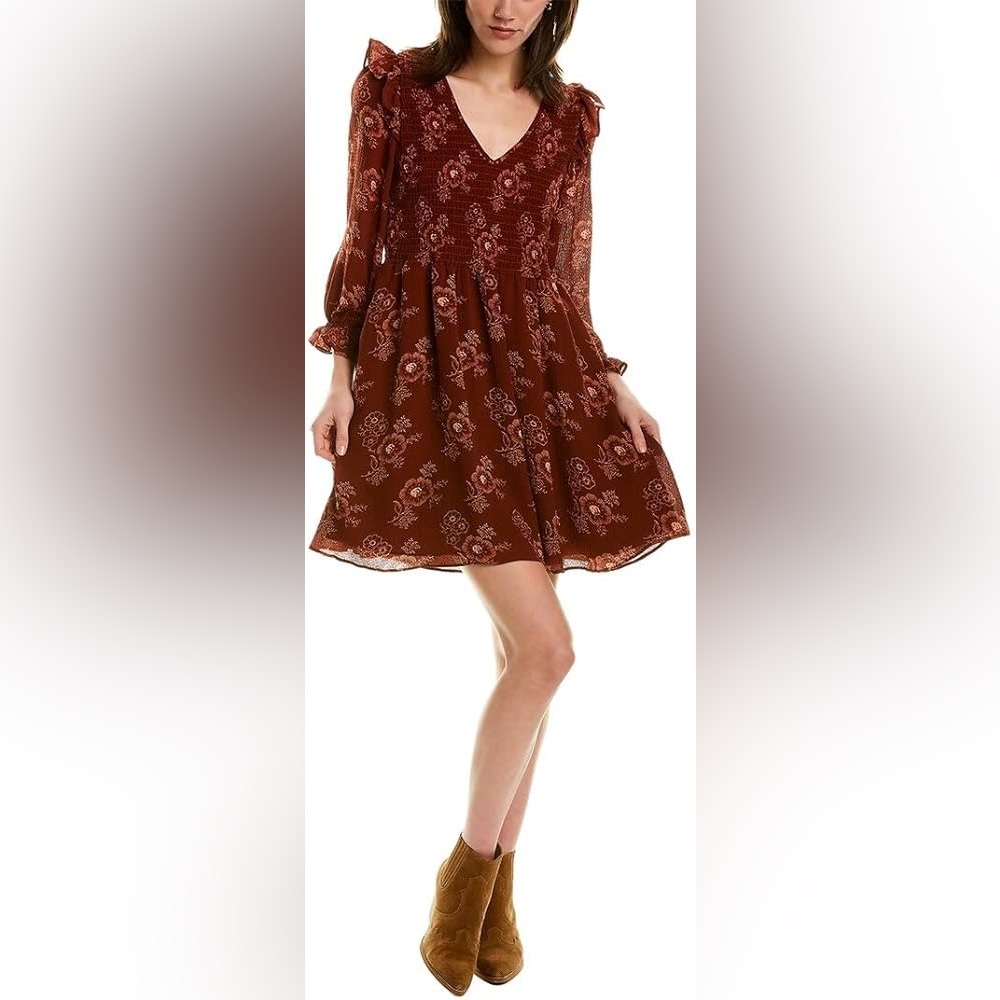 Beautiful Fall Print Madewell Long Sleeve V-neck Smocked Bodice Mini Dress